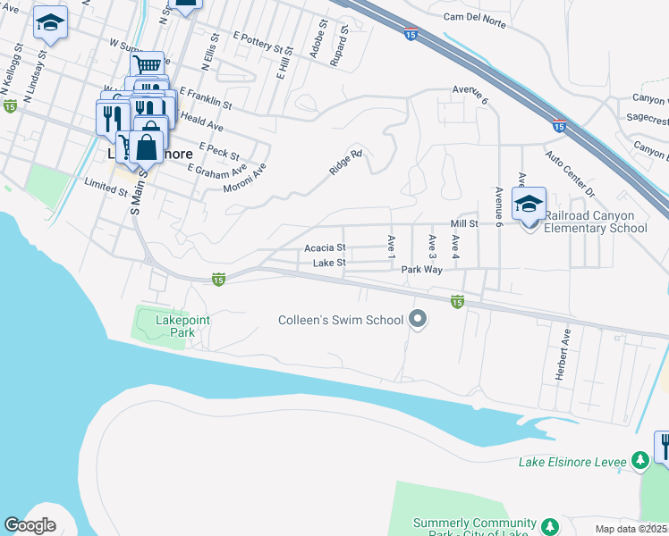map of restaurants, bars, coffee shops, grocery stores, and more near 680 Lake Street in Lake Elsinore