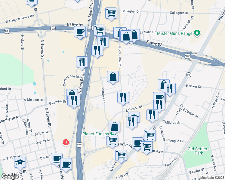 map of restaurants, bars, coffee shops, grocery stores, and more near 713 East Lamberth Road in Sherman