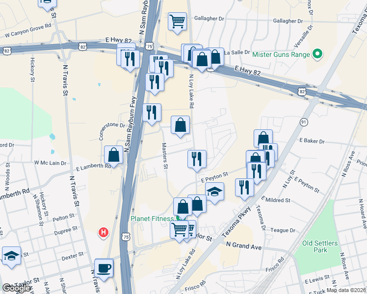 map of restaurants, bars, coffee shops, grocery stores, and more near 713 East Lamberth Road in Sherman