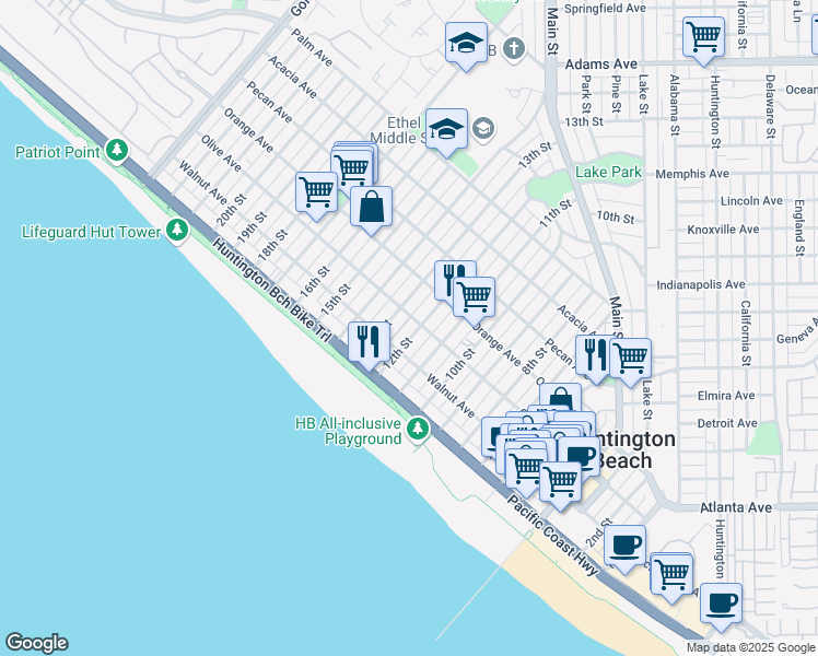 map of restaurants, bars, coffee shops, grocery stores, and more near 221 12th Street in Huntington Beach