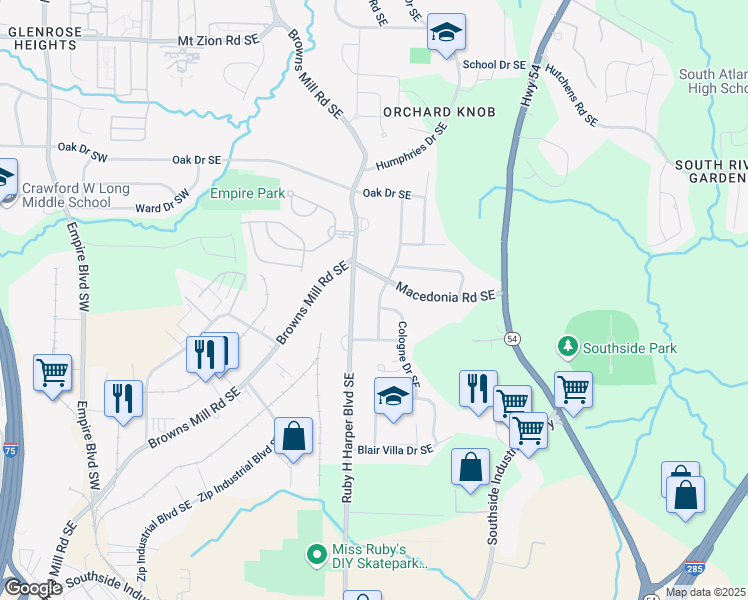 map of restaurants, bars, coffee shops, grocery stores, and more near 3355 Renault Road Southeast in Atlanta