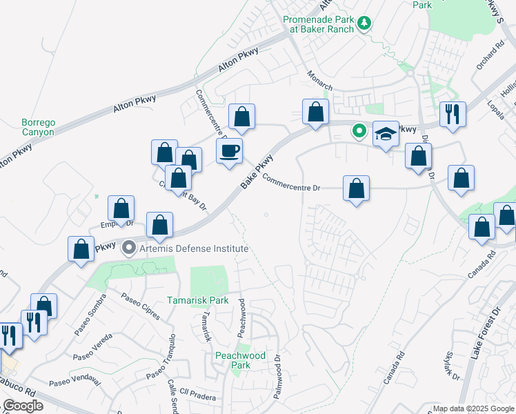 map of restaurants, bars, coffee shops, grocery stores, and more near 25510 Commercentre Drive in Lake Forest