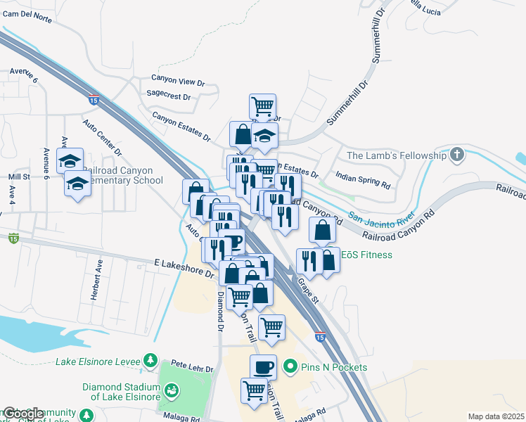 map of restaurants, bars, coffee shops, grocery stores, and more near Railroad Canyon Road & Grape Street in Lake Elsinore