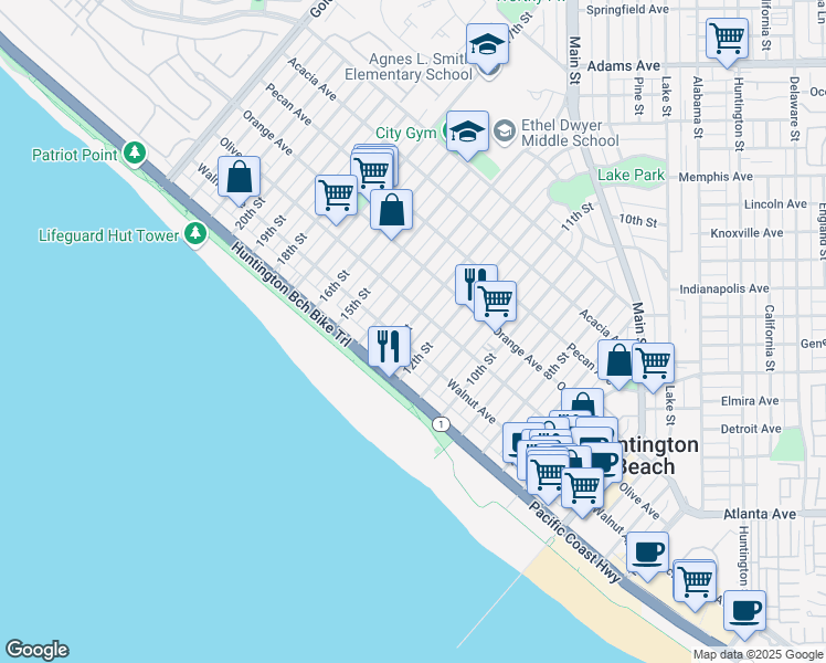 map of restaurants, bars, coffee shops, grocery stores, and more near 212 13th Street in Huntington Beach