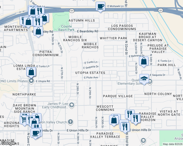 map of restaurants, bars, coffee shops, grocery stores, and more near 2926 East Piute Avenue in Phoenix