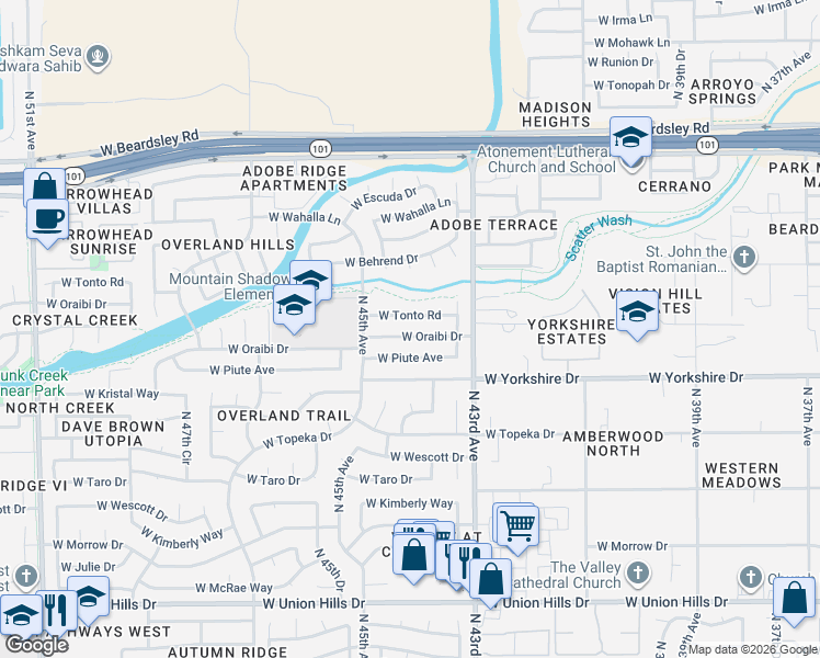 map of restaurants, bars, coffee shops, grocery stores, and more near 4445 West Oraibi Drive in Glendale