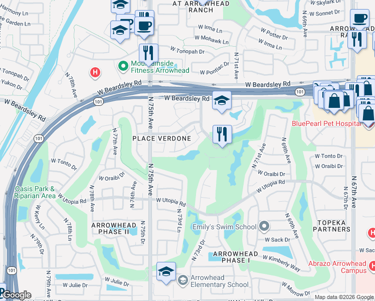 map of restaurants, bars, coffee shops, grocery stores, and more near 7401 West Arrowhead Clubhouse Drive in Glendale