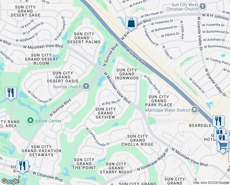map of restaurants, bars, coffee shops, grocery stores, and more near 15417 West Celestial Court in Surprise