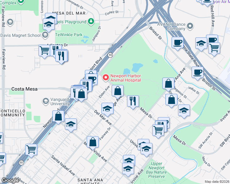 map of restaurants, bars, coffee shops, grocery stores, and more near 162 Quiet Bay Lane in Costa Mesa