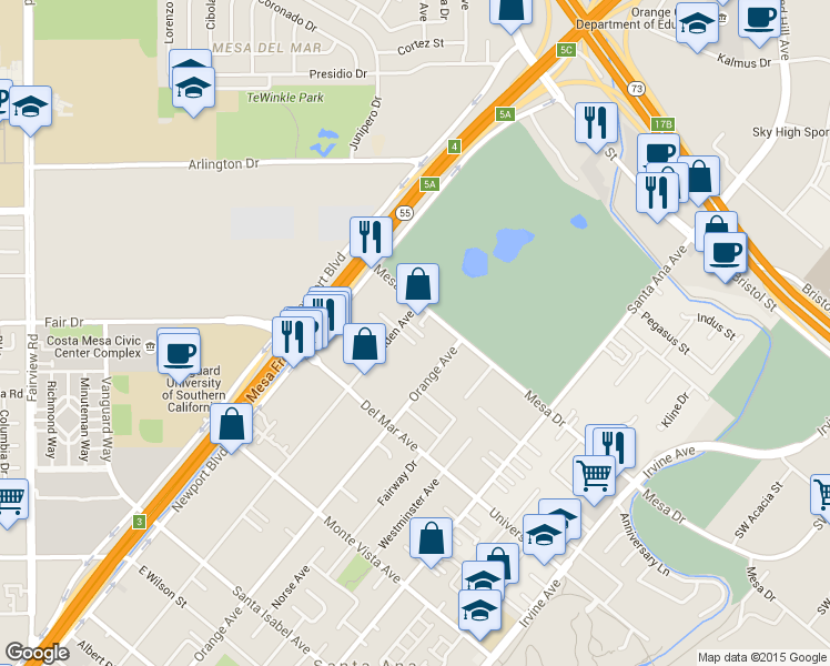 map of restaurants, bars, coffee shops, grocery stores, and more near 162 Quiet Bay Lane in Costa Mesa