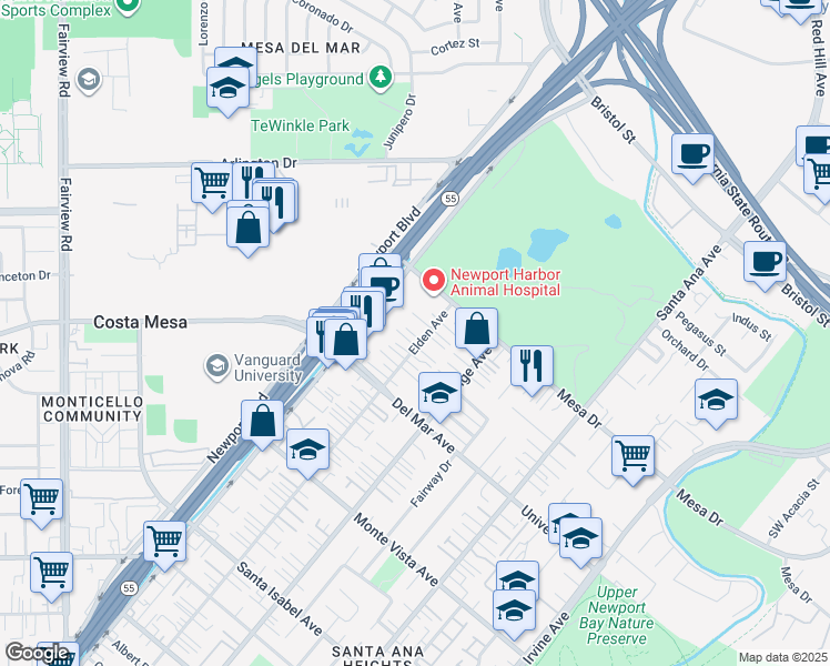 map of restaurants, bars, coffee shops, grocery stores, and more near 2650 Elden Avenue in Costa Mesa
