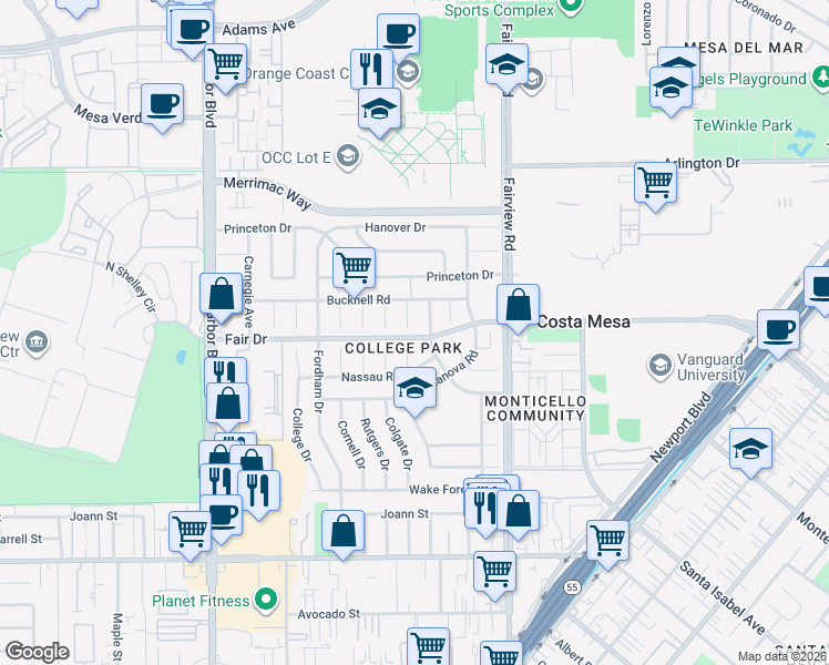 map of restaurants, bars, coffee shops, grocery stores, and more near in Costa Mesa