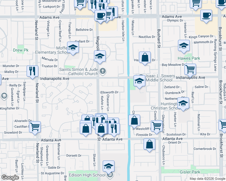 map of restaurants, bars, coffee shops, grocery stores, and more near 20621 Elizabeth Lane in Huntington Beach