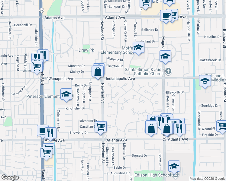 map of restaurants, bars, coffee shops, grocery stores, and more near 8565 Trinity Circle in Huntington Beach