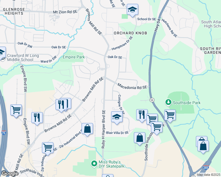 map of restaurants, bars, coffee shops, grocery stores, and more near 3355 Renault Road Southeast in Atlanta