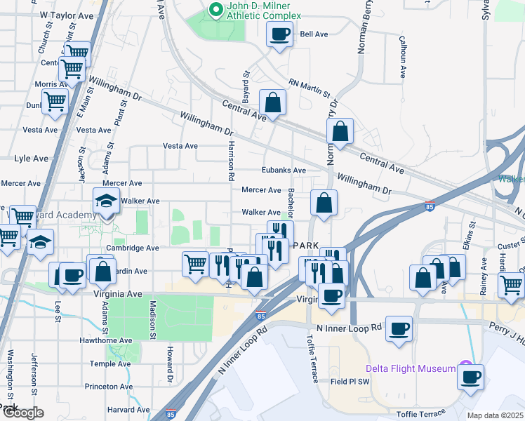 map of restaurants, bars, coffee shops, grocery stores, and more near 1316 Walker Avenue in East Point