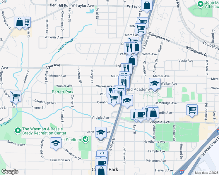 map of restaurants, bars, coffee shops, grocery stores, and more near 1825 West Rugby Avenue in College Park