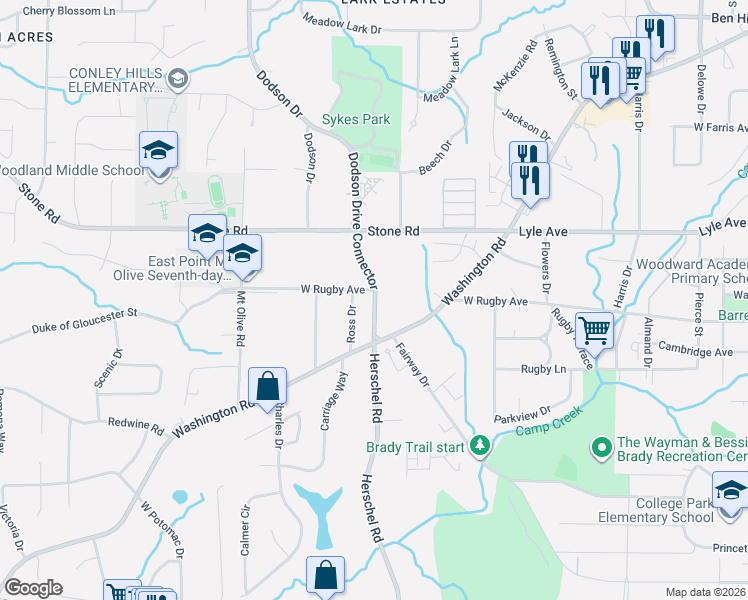 map of restaurants, bars, coffee shops, grocery stores, and more near 3412 Ross Drive in East Point