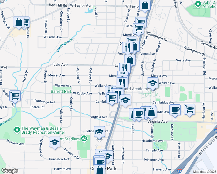 map of restaurants, bars, coffee shops, grocery stores, and more near 1826 Walker Avenue in Atlanta