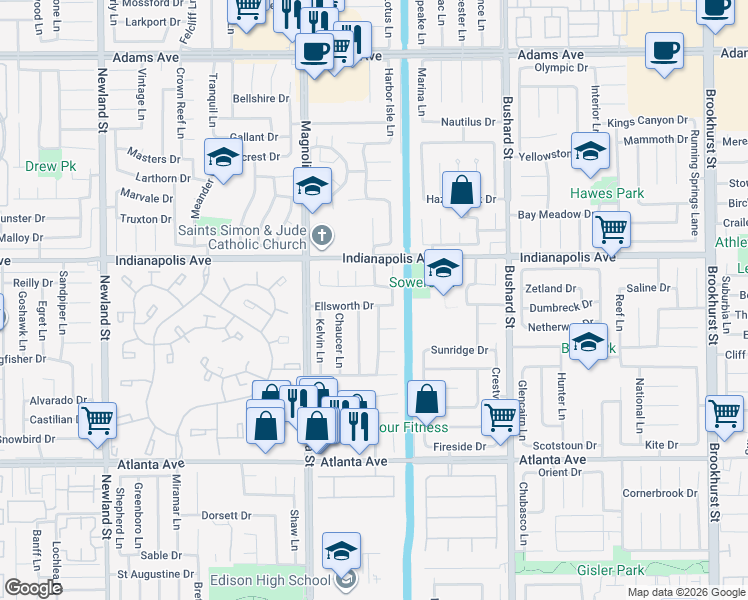 map of restaurants, bars, coffee shops, grocery stores, and more near 9192 Ellsworth Drive in Huntington Beach