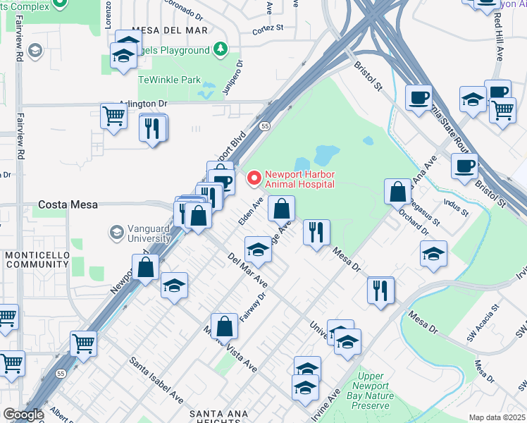 map of restaurants, bars, coffee shops, grocery stores, and more near 2674 Elden Avenue in Costa Mesa