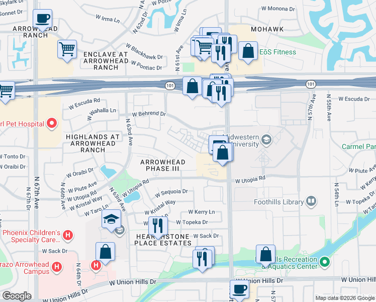 map of restaurants, bars, coffee shops, grocery stores, and more near 6120 West Oraibi Drive in Glendale