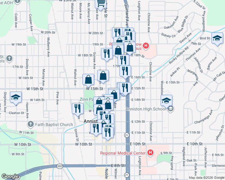map of restaurants, bars, coffee shops, grocery stores, and more near 1430 Wilmer Avenue in Anniston