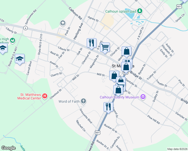 map of restaurants, bars, coffee shops, grocery stores, and more near 211 Mill Street in Saint Matthews