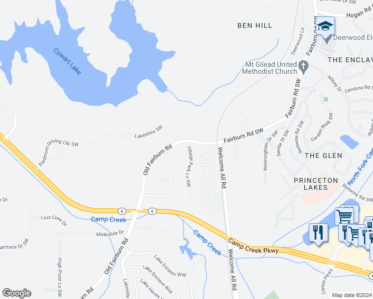 map of restaurants, bars, coffee shops, grocery stores, and more near 3403 Village Park Lane Southwest in Atlanta