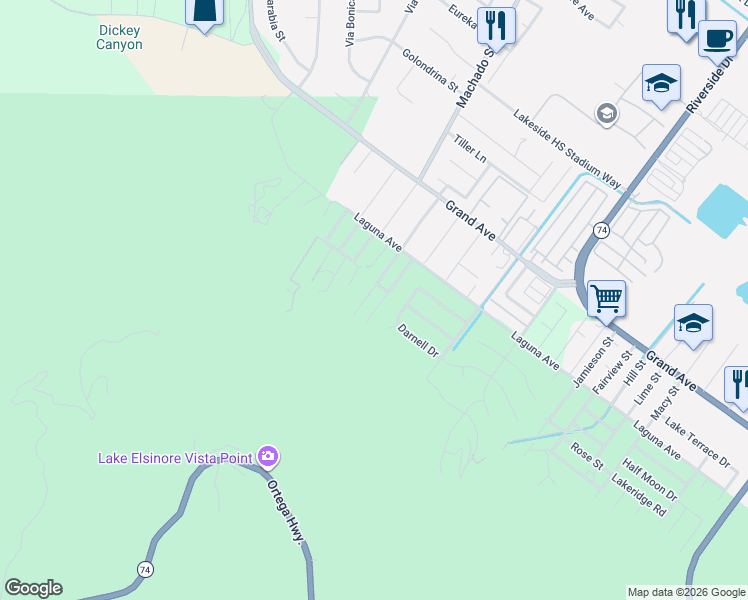 map of restaurants, bars, coffee shops, grocery stores, and more near 33378 Westlong Street in Lake Elsinore