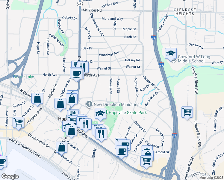 map of restaurants, bars, coffee shops, grocery stores, and more near 3317 Russell Street in Atlanta