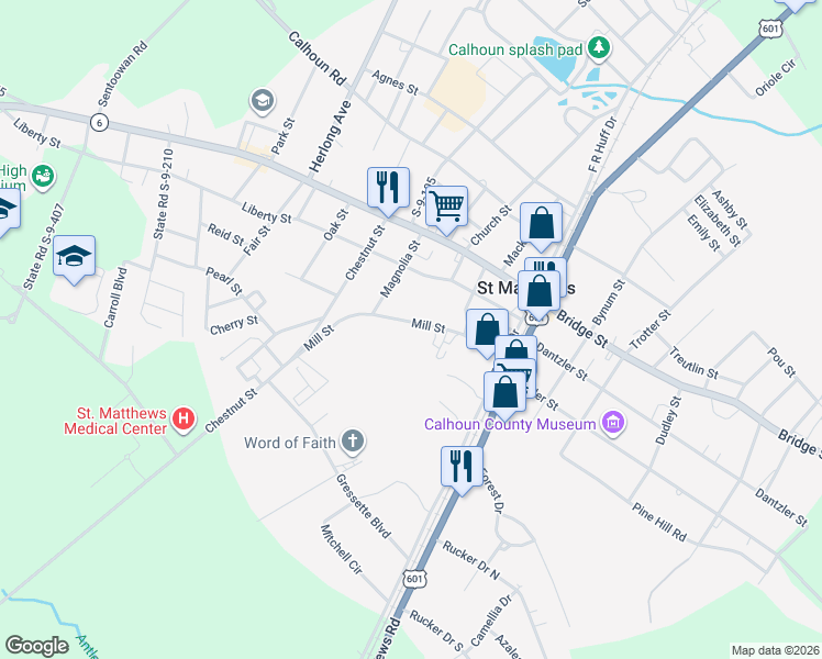 map of restaurants, bars, coffee shops, grocery stores, and more near 211 Mill Street in Saint Matthews