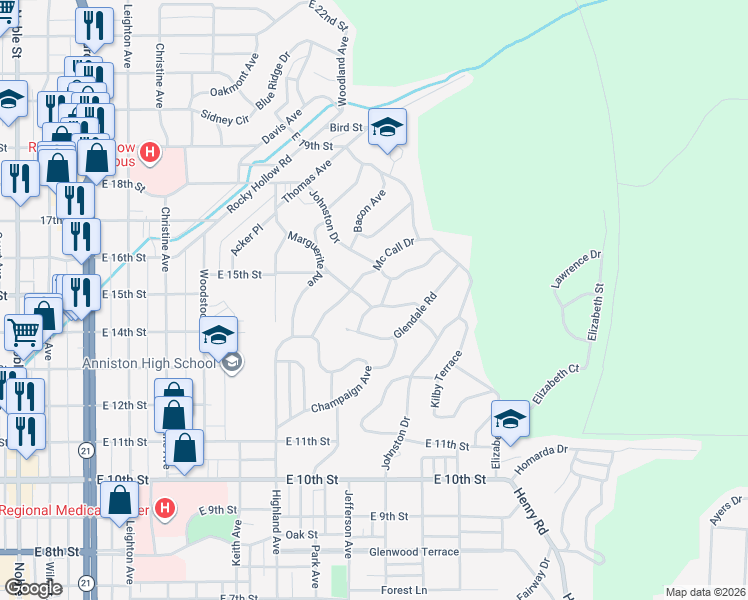 map of restaurants, bars, coffee shops, grocery stores, and more near 1110 Rainbow Circle in Anniston