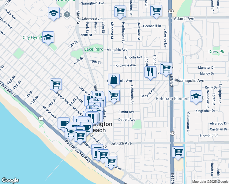 map of restaurants, bars, coffee shops, grocery stores, and more near 212 Geneva Avenue in Huntington Beach