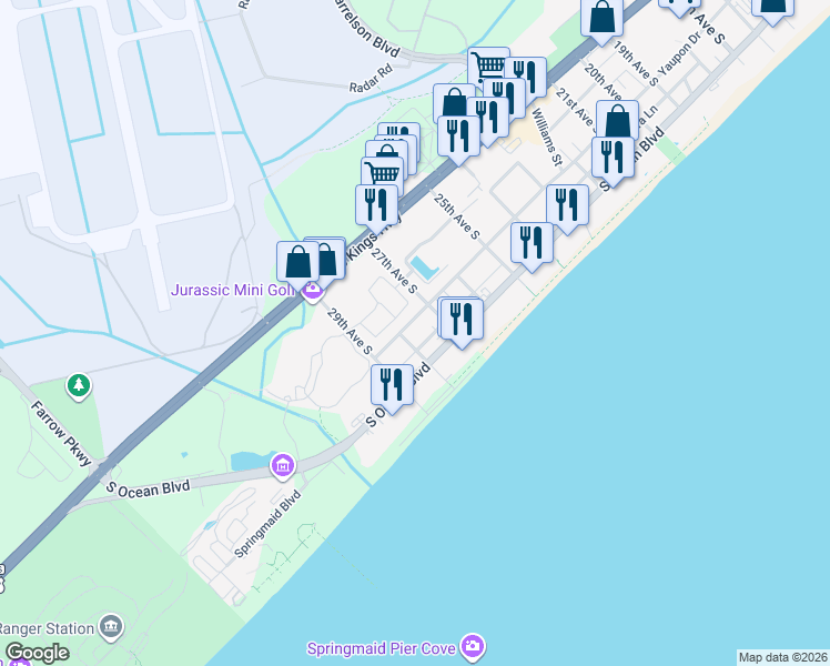map of restaurants, bars, coffee shops, grocery stores, and more near 2800 South Ocean Boulevard in Myrtle Beach
