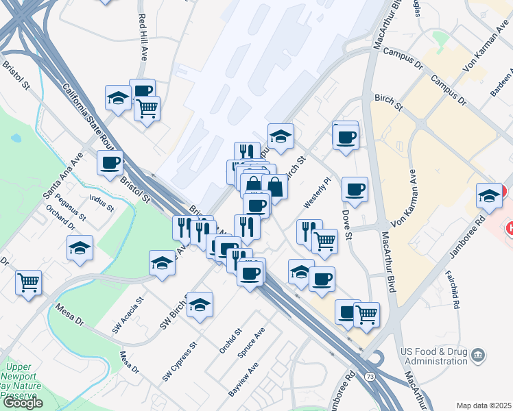 map of restaurants, bars, coffee shops, grocery stores, and more near 3855 Birch Street in Newport Beach