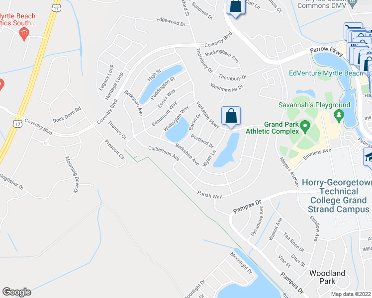 map of restaurants, bars, coffee shops, grocery stores, and more near 1619 Parish Way in Myrtle Beach
