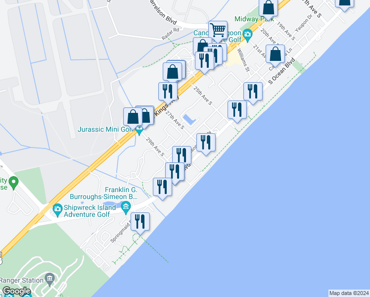 map of restaurants, bars, coffee shops, grocery stores, and more near 210 28th Avenue South in Myrtle Beach