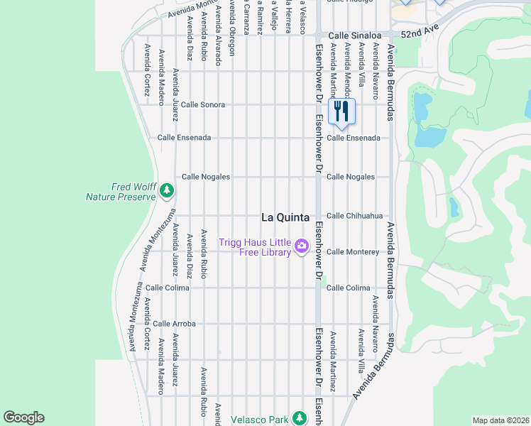 map of restaurants, bars, coffee shops, grocery stores, and more near 77550 Calle Chihuahua in La Quinta
