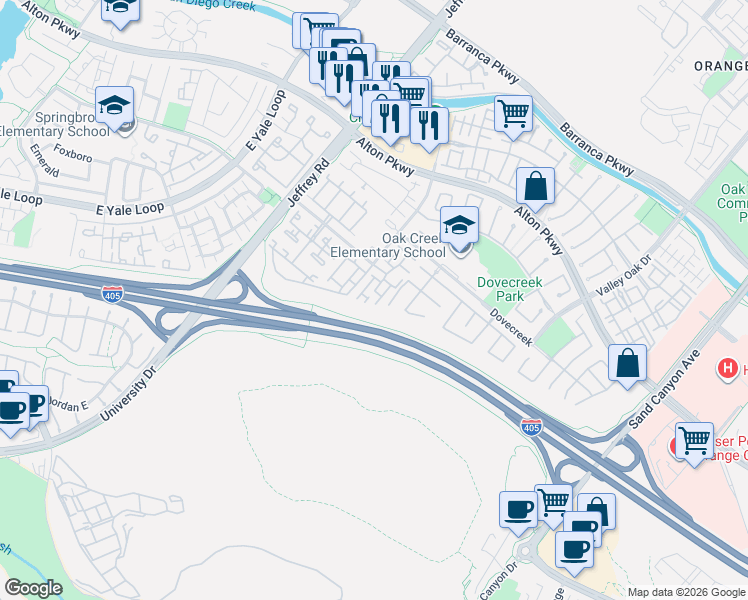 map of restaurants, bars, coffee shops, grocery stores, and more near 9 Lilac in Irvine