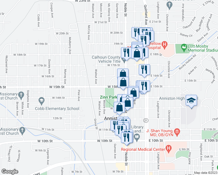 map of restaurants, bars, coffee shops, grocery stores, and more near 130 West 15th Street in Anniston