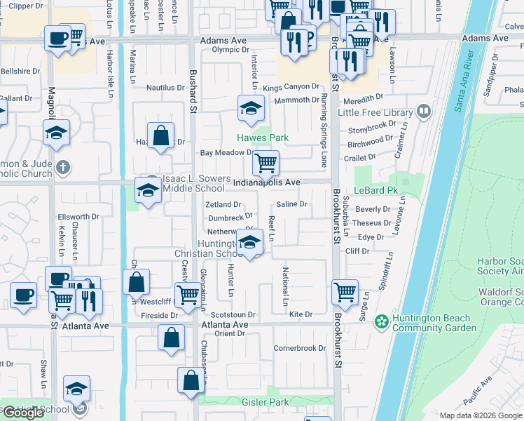 map of restaurants, bars, coffee shops, grocery stores, and more near 20582 Queens Park Lane in Huntington Beach