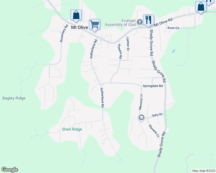 map of restaurants, bars, coffee shops, grocery stores, and more near 5311 Sutherland Road in Mount Olive