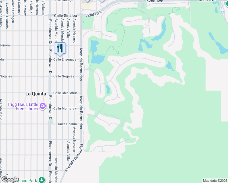 map of restaurants, bars, coffee shops, grocery stores, and more near 52920 La Trobe Lane in La Quinta