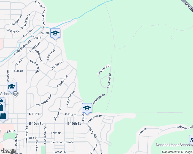 map of restaurants, bars, coffee shops, grocery stores, and more near 1129 Lawrence Drive in Anniston