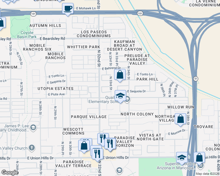 map of restaurants, bars, coffee shops, grocery stores, and more near 3233 East Sequoia Drive in Phoenix