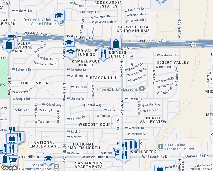 map of restaurants, bars, coffee shops, grocery stores, and more near 802 West Piute Avenue in Phoenix