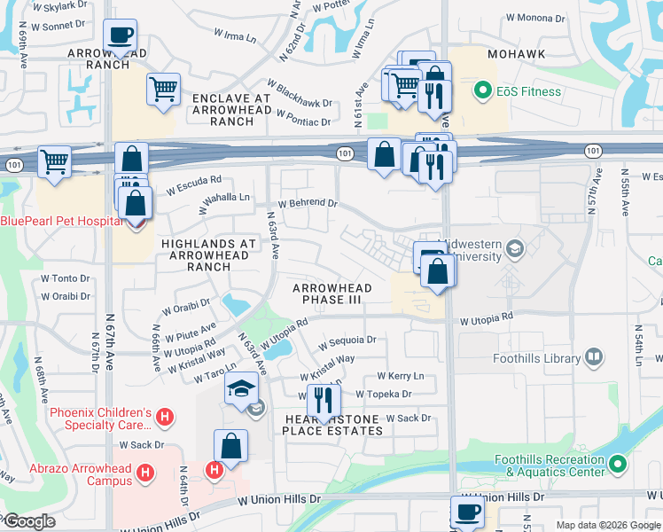 map of restaurants, bars, coffee shops, grocery stores, and more near 6183 West Wikieup Lane in Glendale