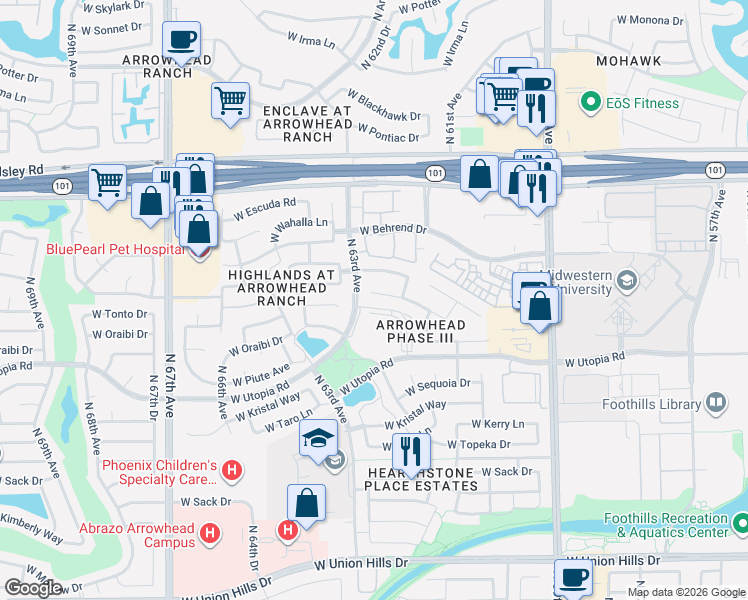 map of restaurants, bars, coffee shops, grocery stores, and more near 6180 West Utopia Road in Glendale