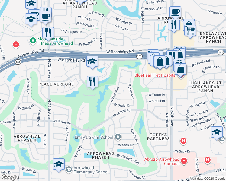 map of restaurants, bars, coffee shops, grocery stores, and more near 19622 North 71st Avenue in Glendale